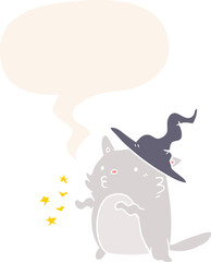 magical amazing cartoon cat wizard with speech bubble in retro style