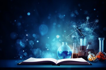 Science communicator in a laboratory setting, Scientific elements or educational graphics, Include science icons and a subtle camera element