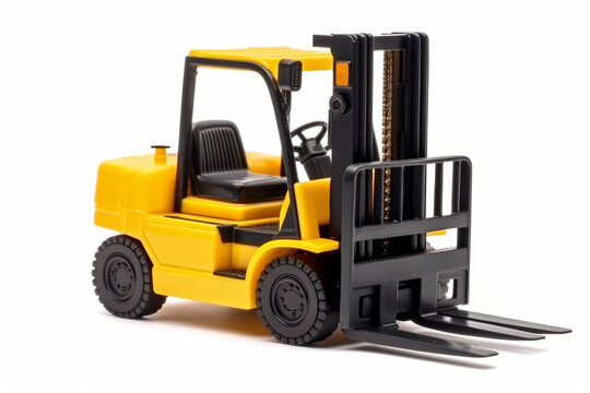 Yellow forklift for use in a warehouse on transparent background.