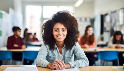 Black teen girl in modern classroom. - Powered by Adobe