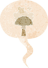 cartoon mushroom with spore cloud with speech bubble in grunge distressed retro textured style