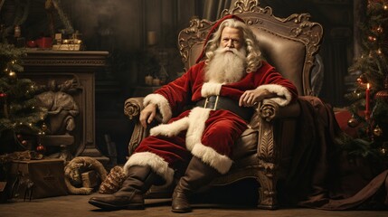 Portrait of Santa Claus sits in an armchair in a beautiful Christmas interior.