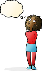cartoon curious woman with thought bubble