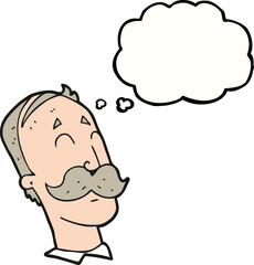freehand drawn thought bubble cartoon ageing man with mustache