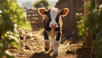 Walking cute Calf in farm - obrazy, fototapety, plakaty