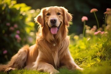 Golden retriever freshly groomed posing in a flower garden, summer sunny day