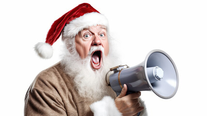Santa claus screaming into a loudspeaker on an empty white background ,generative ai