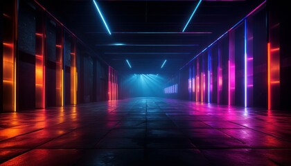 Futuristic warehouse with vibrant colorful lights