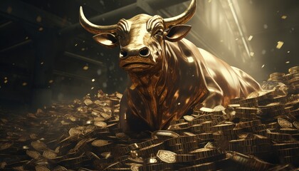 A gold bull figure standing on piles of money