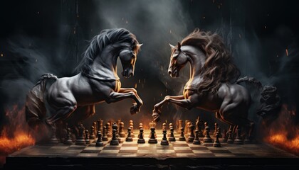 horse chess match on a chessboard with black background - obrazy, fototapety, plakaty