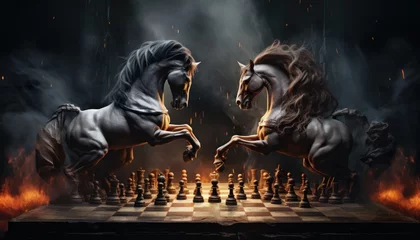 Foto op Plexiglas horse chess match on a chessboard with black background © Ankit