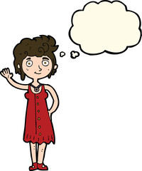 cartoon hippie woman waving with thought bubble