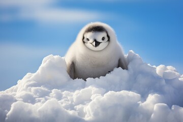 A small white Penguin on the top of the snow shot