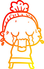 warm gradient line drawing of a cartoon crying old lady
