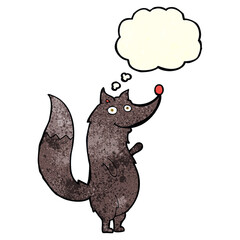 cartoon waving wolf with thought bubble