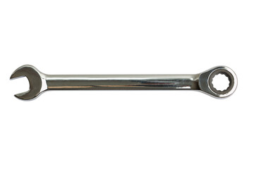 Closeup ratchet wrench isolated on white background.  Chrome vanadium spanner.