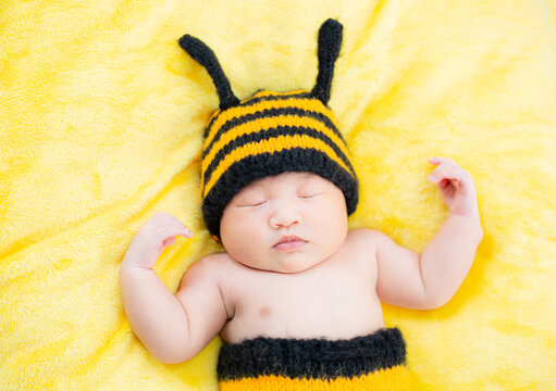 Baby in bee costume,baby boy in yellow bee costume,Asian Baby Girl dress in a bee costume,baby in bee costume,newborn baby in bee costume. newborn baby concept shot