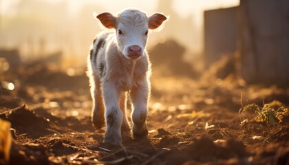 Obraz premium Walking cute little Calf in farm