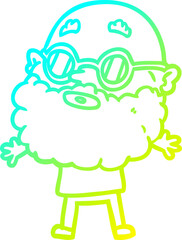 cold gradient line drawing of a cartoon curious man with beard and sunglasses