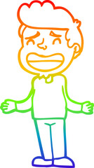 rainbow gradient line drawing of a cartoon boy shrugging