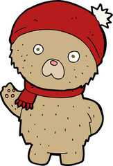 cartoon teddy bear in winter hat and scarf