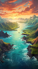 Obraz premium Sunset in the nature in stylized style. Generative Ai