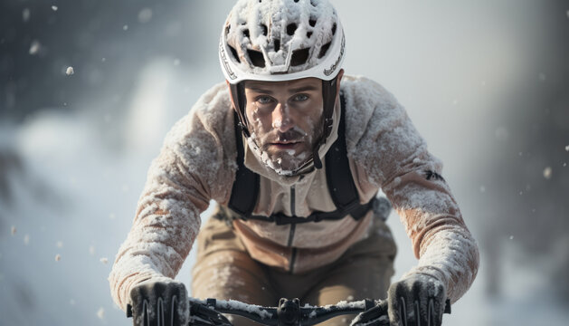 Snow-covered cyclist in white winter landscape, helmet and jersey blending with snow.Generative AI.