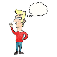 freehand drawn thought bubble textured cartoon man waving