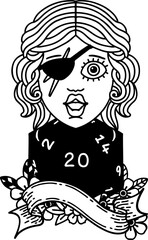 Black and White Tattoo linework Style human rogue with natural twenty dice roll