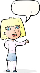 cartoon friendly woman waving with speech bubble
