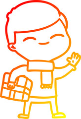 warm gradient line drawing of a cartoon smiling boy with gift