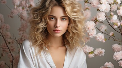 A young Caucasian model, wearing subtle makeup, is seen posing with a flower branch against a white background.