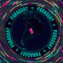 Paraguay on globe. Satellite view of the world centered on Paraguay. Bright neon style. Futuristic radial bricks background. Powerful vector illustration.