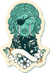 Retro Tattoo Style crying orc rogue character face with natural one d20 dice roll