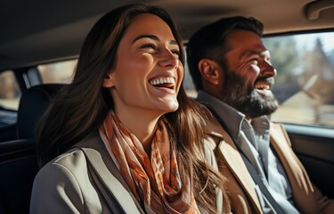 Driving with a male passenger, an Arab woman laughs.