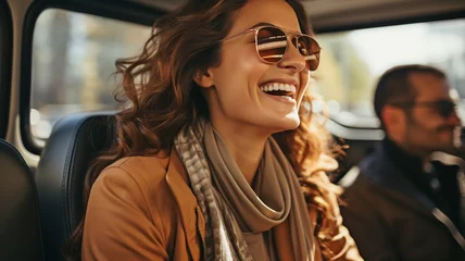 Papier Peint photo Lavable Magasin de musique Driving with a male passenger, an Arab woman laughs.