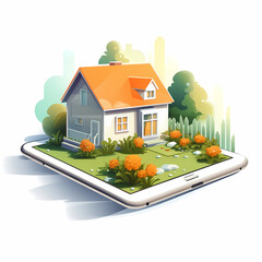 illustration of a cozy house on a smartphone screen representing a property booking app