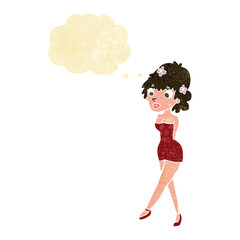 cartoon woman posing in dress with thought bubble