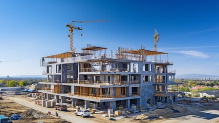 Fototapeta premium modern building development above a clear blue sky: architecture and site concept .