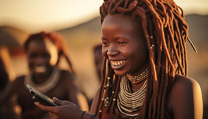 Serenely smiling Himba woman, gracefully blending modernity with tradition generative ai - obrazy, fototapety, plakaty