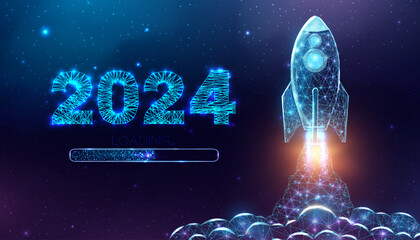 Rocket launch, wireframe polygonal style. 2024 loading start concept with glowing low poly rocket. Futuristic modern abstract background. Vector illustration.