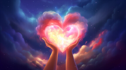 hands cradling a luminous heart among vibrant clouds