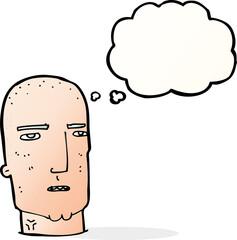 cartoon bald tough guy with thought bubble