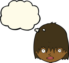 cartoon staring woman with thought bubble