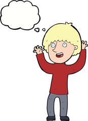 cartoon happy boy laughing with thought bubble