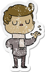 distressed sticker of a cartoon aloof man