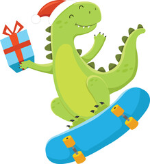 Cute Skater Dino Delivering Christmas Gift 
