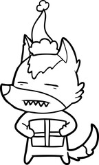hand drawn line drawing of a wolf with a gift wearing santa hat