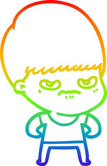 rainbow gradient line drawing of a annoyed cartoon boy