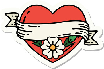 sticker of tattoo in traditional style of a heart and banner with flowers